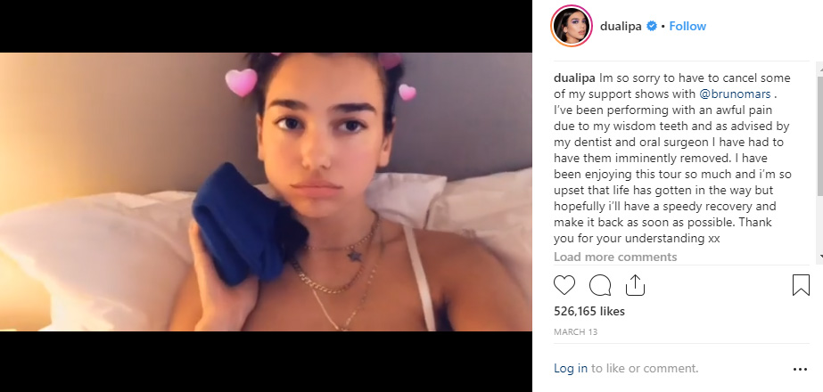 dua lipa wisdom teeth pain